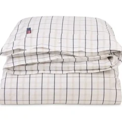 Checked Cotton Poplin Påslakan Vit / Beige / Marinblå, 220x220 cm
